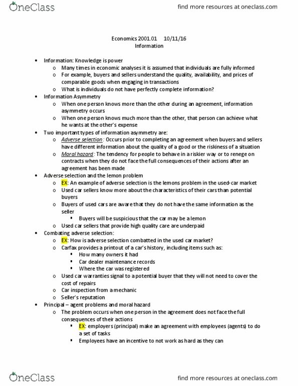 ECON 2001.02 Chapter Notes - Chapter 10: Used Car, Adverse Selection, Moral Hazard thumbnail
