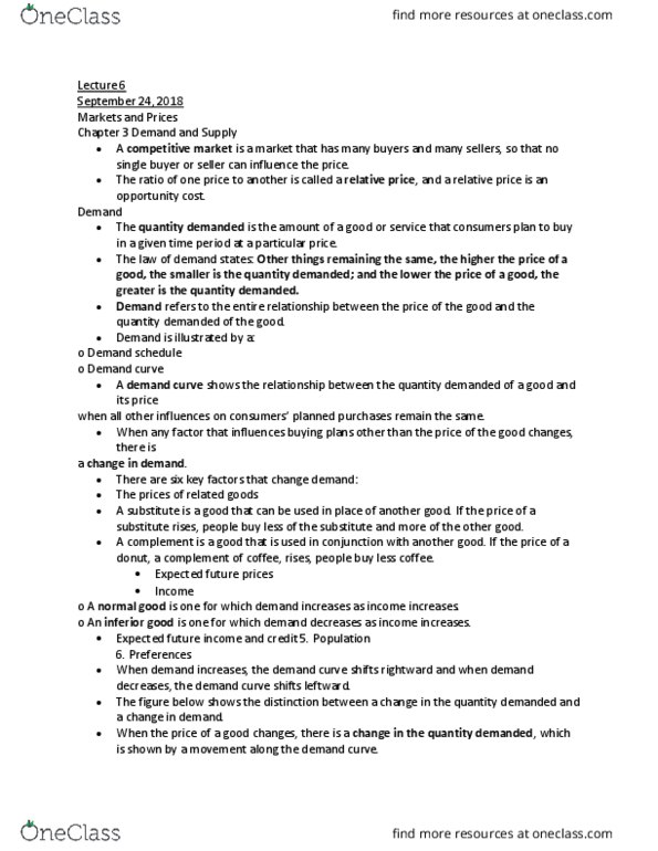 Economics 1021A/B Lecture Notes - Lecture 6: Economic Equilibrium, The Surplus, Demand Curve cover image