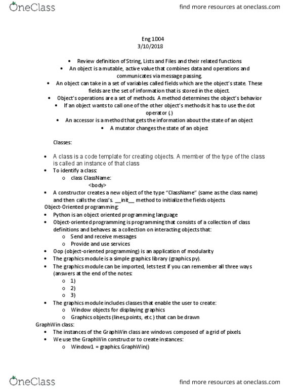 ENGINEER 1D04 Lecture Notes - Lecture 5: Init, Object-Oriented Programming, Message Passing thumbnail