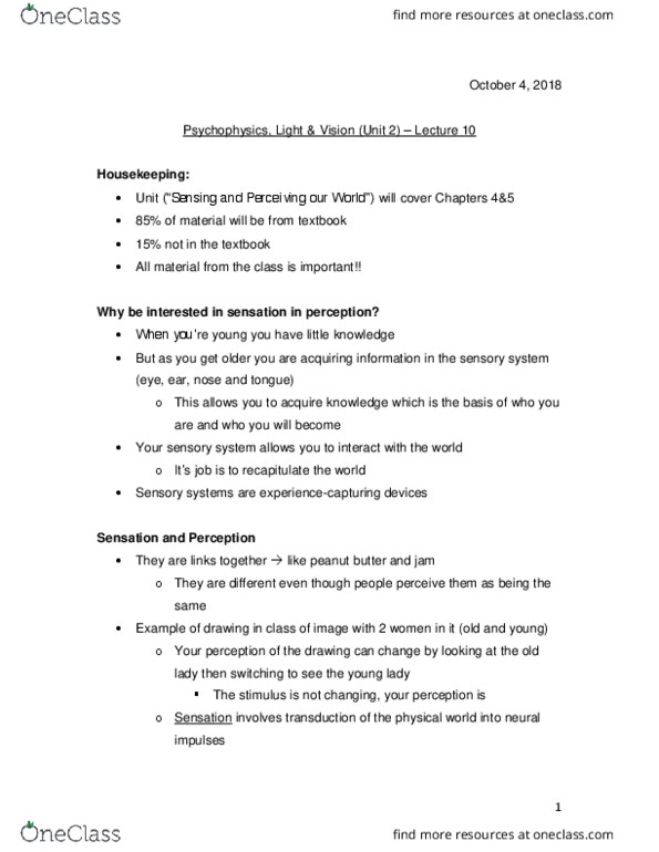 PSYO 1011 Lecture Notes - Lecture 10: Hearing Test, Occipital Lobe, Optometry cover image