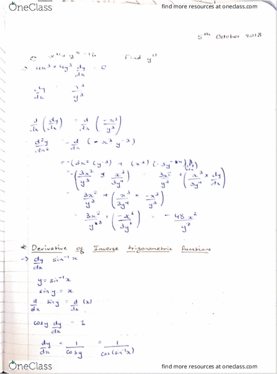 MATH100 Lecture 14: Oct 5 MATH 100 - Derivatives of Inverse trig functions and Implicit Differentiation cover image