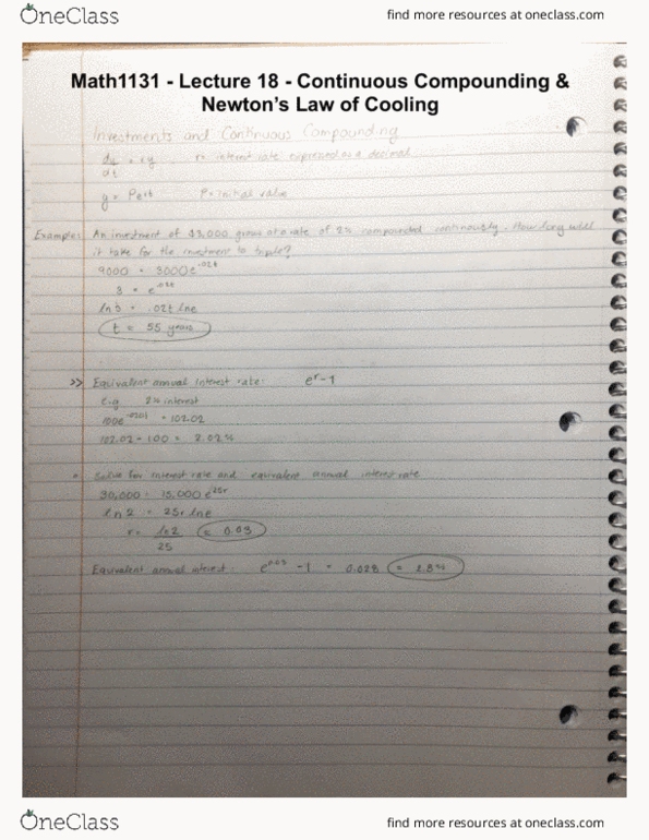 MATH 1131Q Lecture 18: Math 1131 - Lecture 18 - Continuous Compounding & Newton's Law of Cooling cover image