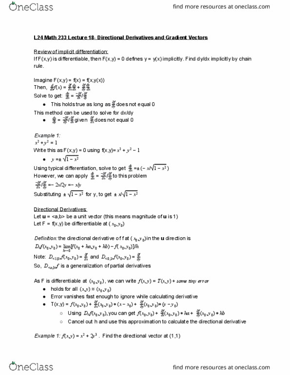 L24 Math 233 Lecture Notes - Lecture 18: Level Set, Directional Derivative, Implicit Function cover image