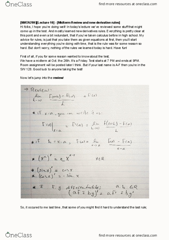 MATA29H3 Lecture Notes - Lecture 10: Quotient Rule, Chain Rule, Product Rule thumbnail