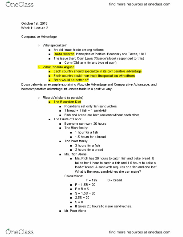 ECON 1 Lecture Notes - Lecture 2: Opportunity Cost, Absolute Advantage, Comparative Advantage thumbnail