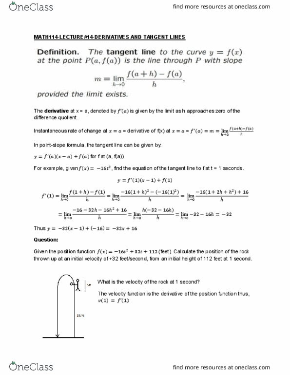 MATH114 Lecture Notes - Lecture 14: Difference Quotient cover image