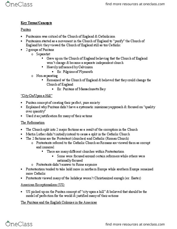 THEO 3375 Lecture Notes - Lecture 6: Puritans, American Exceptionalism thumbnail