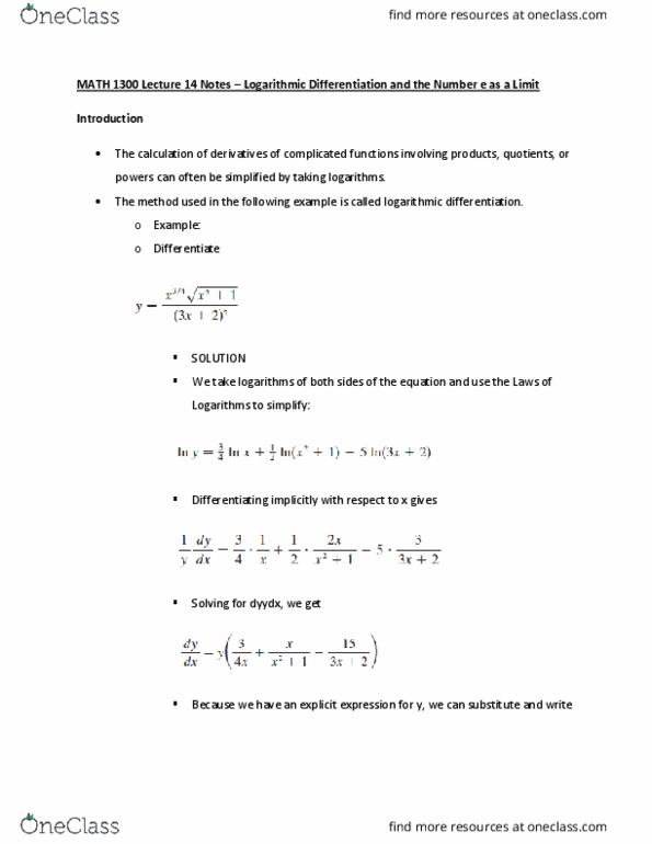 MATH 1300 Lecture Notes - Lecture 14: Power Rule, Logarithmic Differentiation cover image