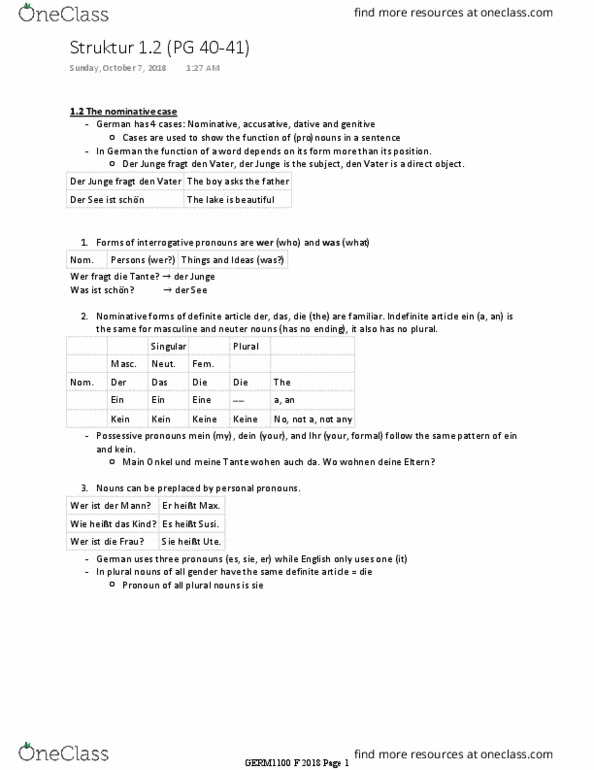 GERM 1100 Chapter Notes - Chapter Struktur 1.2: Nominative Case, Pronoun, Genitive Case thumbnail