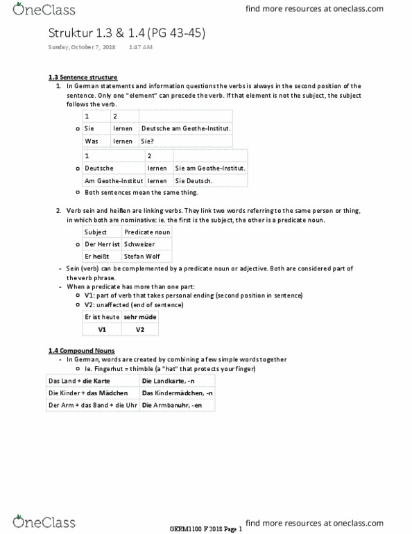 GERM 1100 Chapter Notes - Chapter Struktur 1.3 & 1.4: Elementis thumbnail