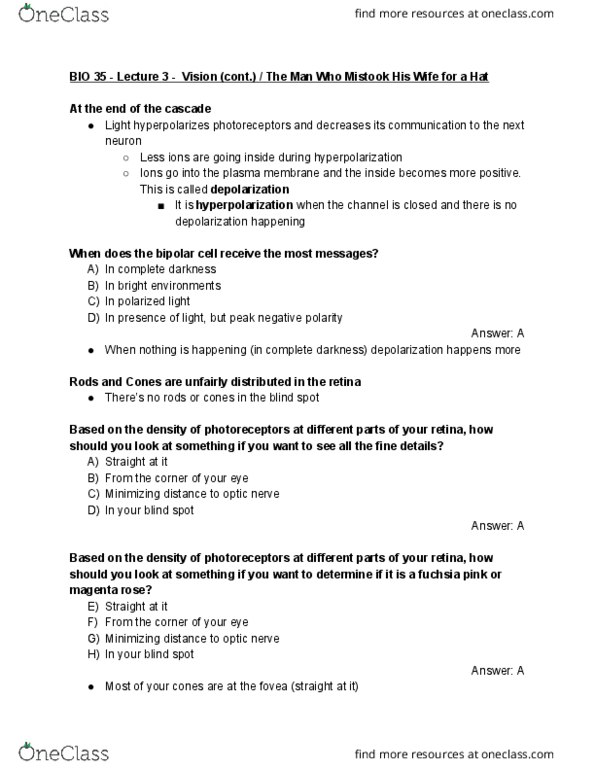 BIO SCI 35 Lecture Notes - Lecture 3: Oliver Sacks, Two-Streams Hypothesis, Akinetopsia cover image