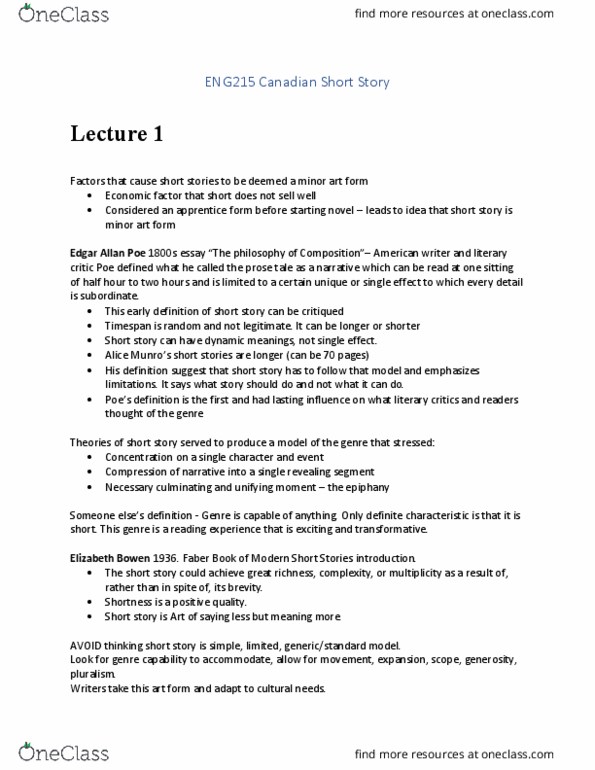 ENG215H1 Lecture Notes - Lecture 1: Michael Crummey, Angus Maclean, Stoicism thumbnail