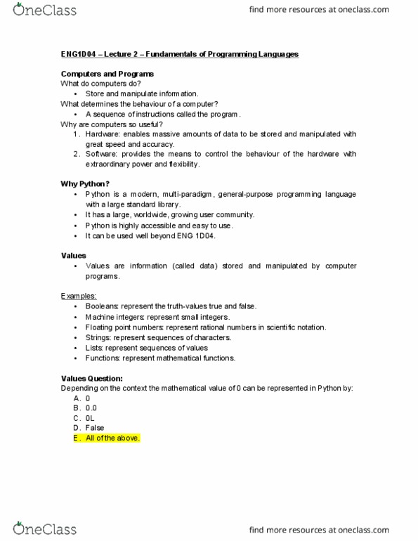 ENGINEER 1D04 Lecture Notes - Lecture 2: Programming Paradigm, Scientific Notation, Floating Point cover image