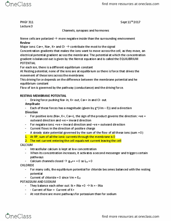 PHGY 311 Lecture Notes - Lecture 3: Reversal Potential, Nernst Equation, Potential Gradient thumbnail