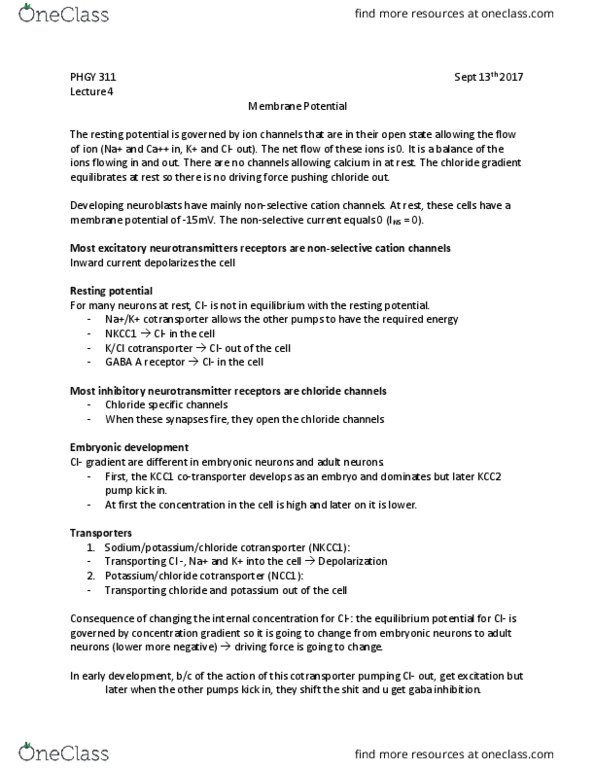 PHGY 311 Lecture Notes - Lecture 4: Neuropathic Pain, Bumetanide, Na-K-Cl Cotransporter thumbnail