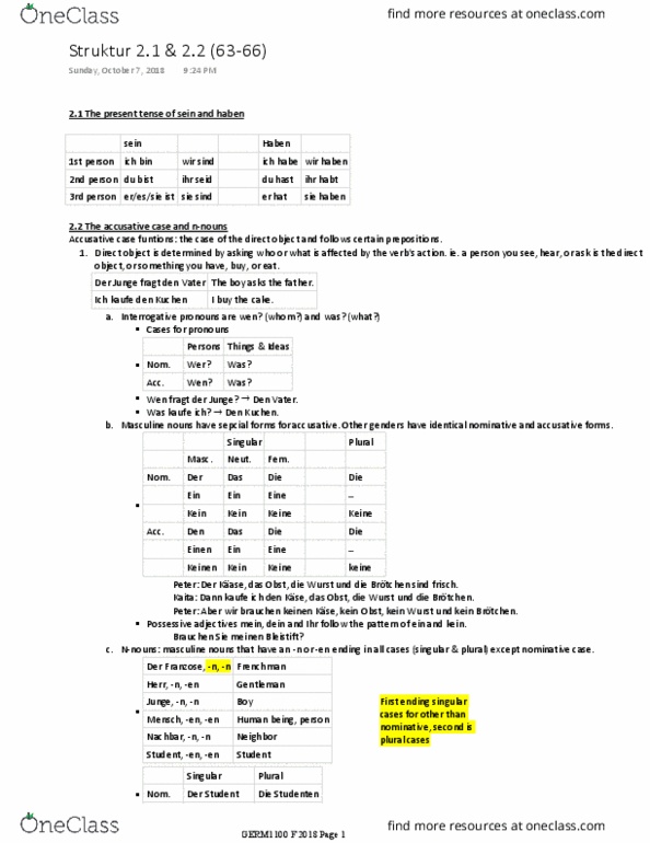 GERM 1100 Chapter Notes - Chapter Struktur: William Finden, Verstehen, Accusative Case thumbnail