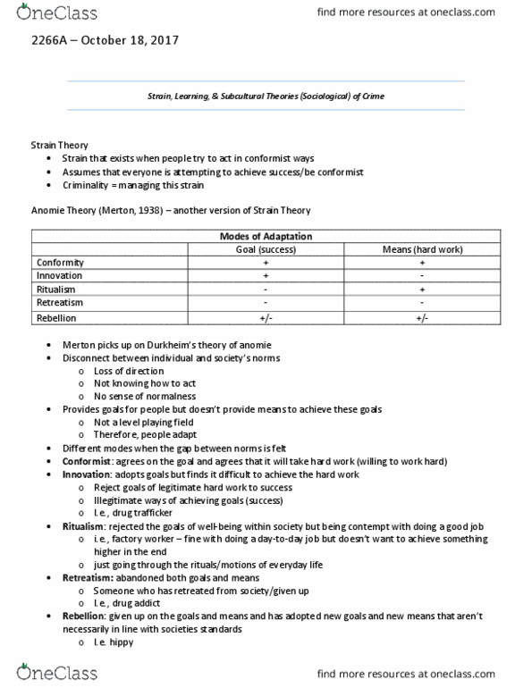 Sociology 2266A/B Lecture Notes - Lecture 5: Differential Association, Counterculture, Anomie thumbnail