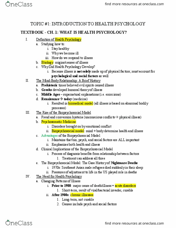 PSC 126 Chapter Notes - Chapter 1: Biopsychosocial Model, Humorism, Etiology thumbnail