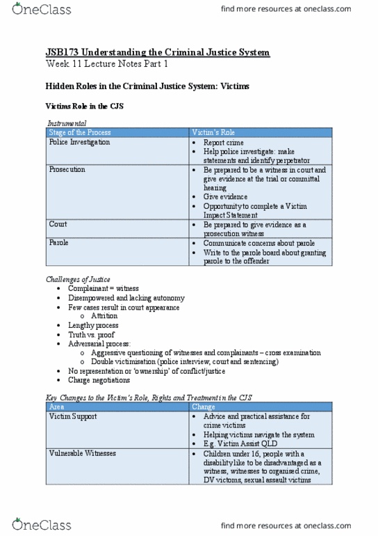 JSB173 Lecture Notes - Lecture 11: Victim Support, Adversarial Process thumbnail