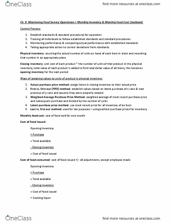 HM 351 Chapter Notes - Chapter 8: Inventory Turnover, Weighted Arithmetic Mean thumbnail