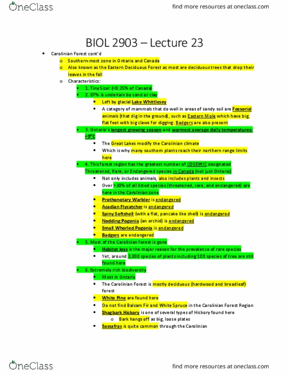 BIOL 2903 Lecture Notes - Lecture 23: Indicator Species, Lake Huron, Rondeau Provincial Park thumbnail