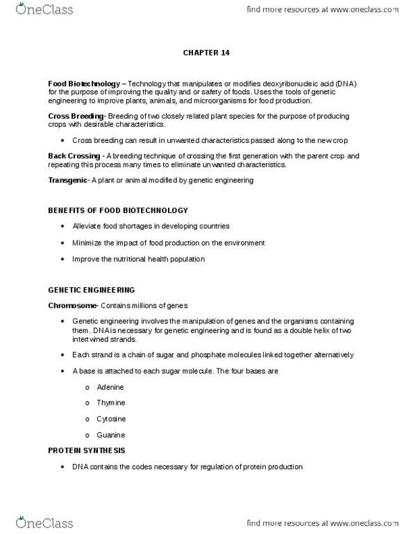 FOOD 2010 Chapter Notes - Chapter 14: Genetically Modified Food, Substantial Equivalence, Antimicrobial Resistance thumbnail