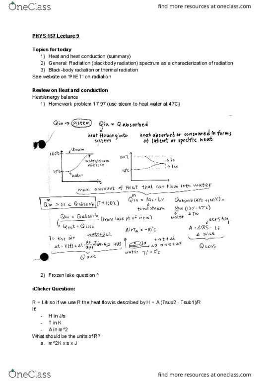 PHYS 157 Lecture Notes - Lecture 9: Black-Body Radiation, Thermal Conduction cover image