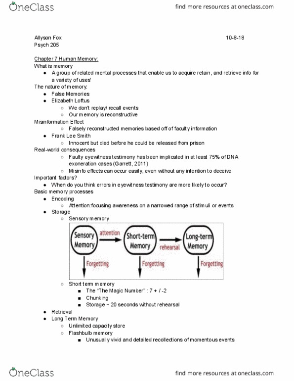 PSY 205 Lecture Notes - Lecture 7: Elizabeth Loftus, Flashbulb Memory, Short-Term Memory thumbnail