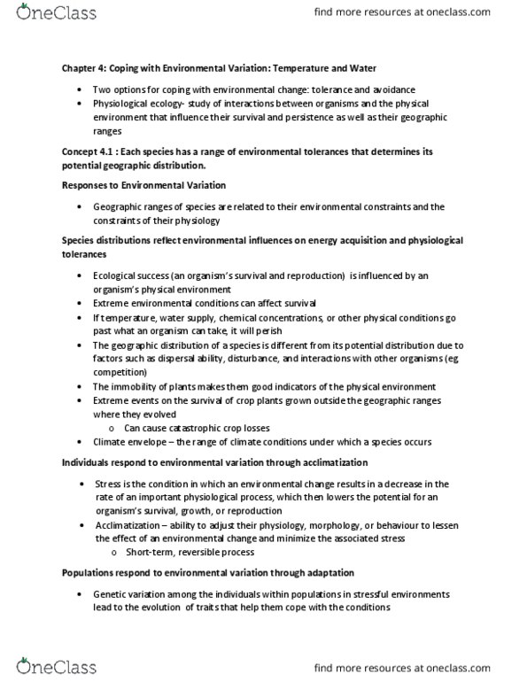 BIOB50H3 Chapter Notes - Chapter 4: Acclimatization, Red Blood Cell, Genetic Variation thumbnail