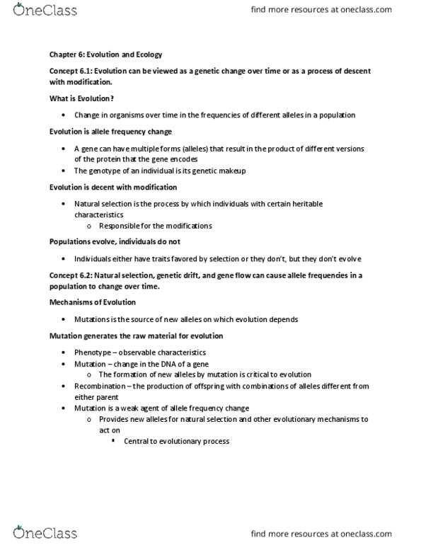 BIOB50H3 Chapter Notes - Chapter 6: Allele Frequency, Genetic Drift, Disruptive Selection thumbnail