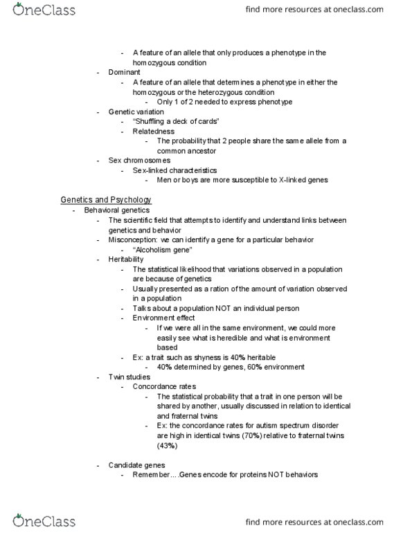 PSYCH 1100 Lecture Notes - Lecture 20: Autism Spectrum, Twin, Genetic Variation cover image