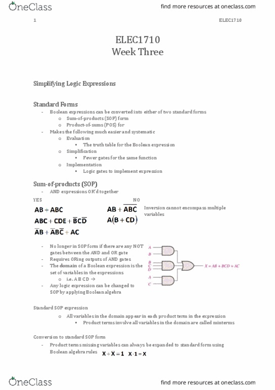 ELEC1710 Lecture Notes - Lecture 3: Boolean Expression, Canonical Normal Form, Or Gate thumbnail