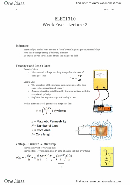 ELEC1310 Lecture Notes - Lecture 10: Inductor, Short Circuit, Inductance thumbnail