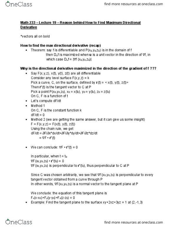 L24 Math 233 Lecture Notes - Lecture 19: Tangent Space, Directional Derivative, Unit Vector cover image