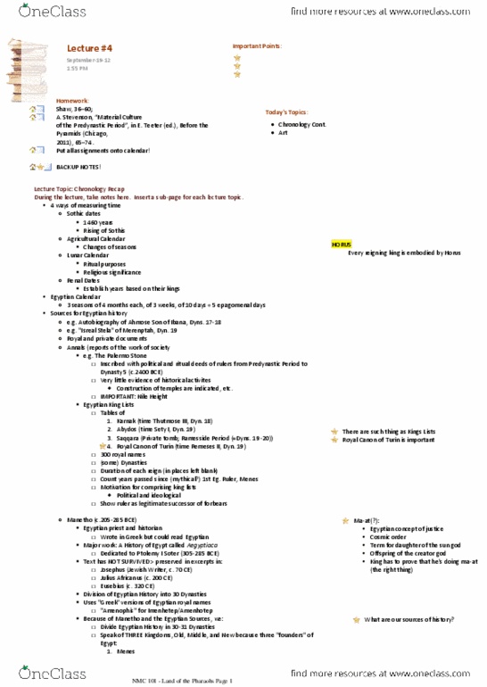 NMC101H1 Lecture Notes - Lecture 4: Egyptian Calendar, Prehistoric Egypt, Lunar Calendar thumbnail