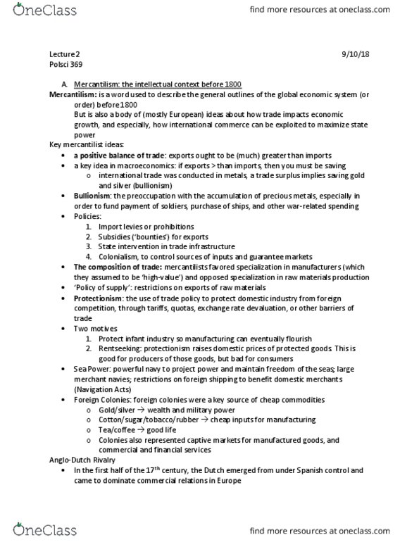 POLSCI 369 Lecture Notes - Lecture 2: Bullionism, Mercantilism, Navigation Acts thumbnail