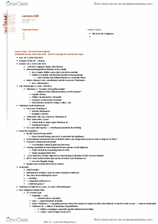 NMC101H1 Lecture Notes - Lecture 20: Deir El-Bahari, Thutmose Iii, Thutmose Ii thumbnail