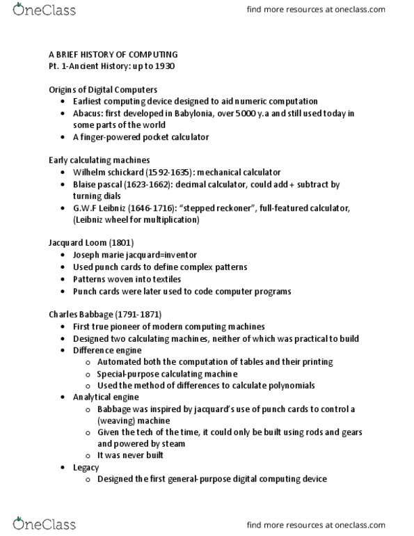 EECS 1520 Lecture Notes - Lecture 2: Jacquard Loom, Wilhelm Schickard, Blaise Pascal thumbnail