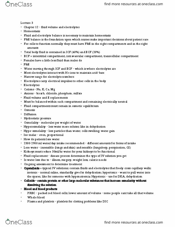 NURS222 Lecture Notes - Lecture 3: Packed Red Blood Cells, Water–Electrolyte Imbalance, Fluid Compartments thumbnail