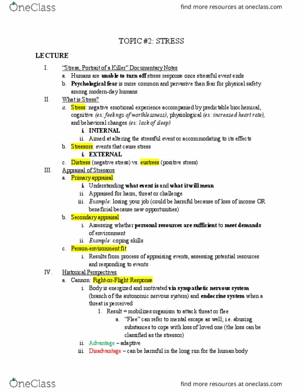 PSC 126 Lecture Notes - Lecture 2: Sympathetic Nervous System, Autonomic Nervous System, Eustress thumbnail