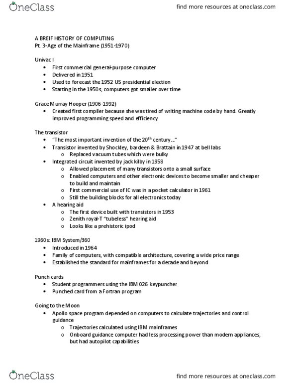 EECS 1520 Lecture Notes - Lecture 4: Apollo Program, Keypunch, Jack Kilby cover image