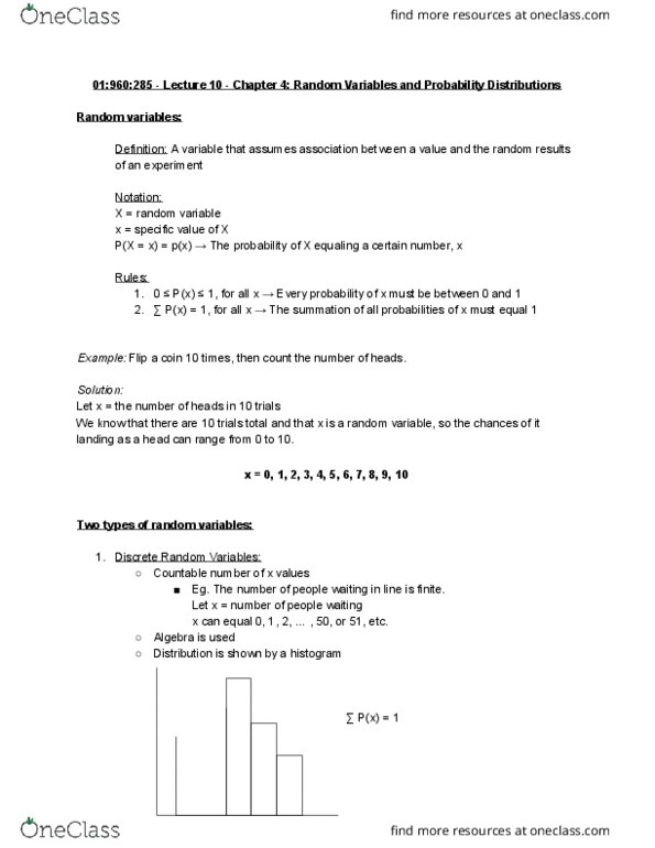 01:960:285 Lecture Notes - Lecture 10: 5,6,7,8, Random Variable, Probability Distribution cover image