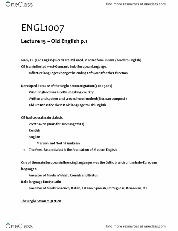 ENGL1007 Lecture Notes - Lecture 15: Indo-European Languages, Italic Languages, Roman Britain thumbnail