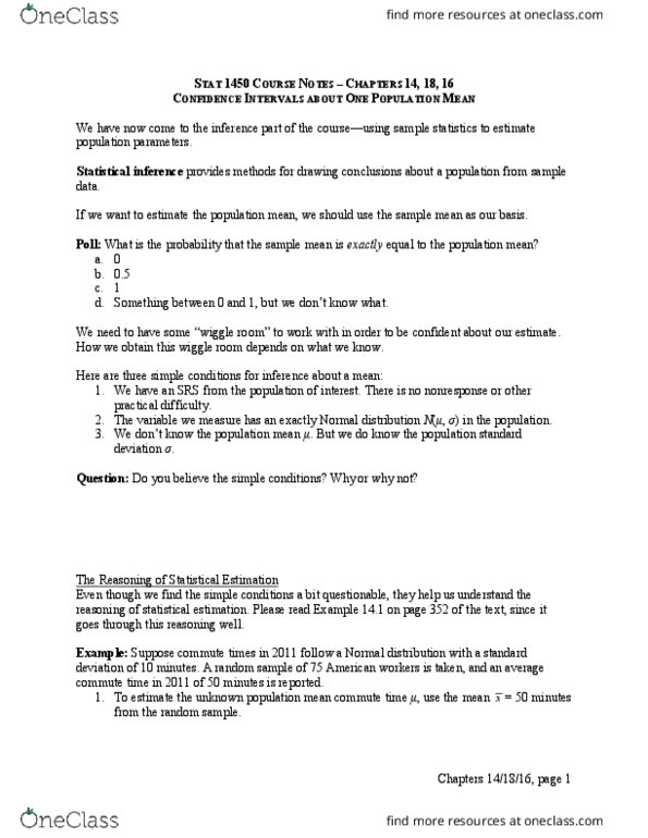 STAT 1450 Chapter Notes - Chapter 14, 18, 16: Confidence Interval, Standard Deviation, Statistical Inference thumbnail