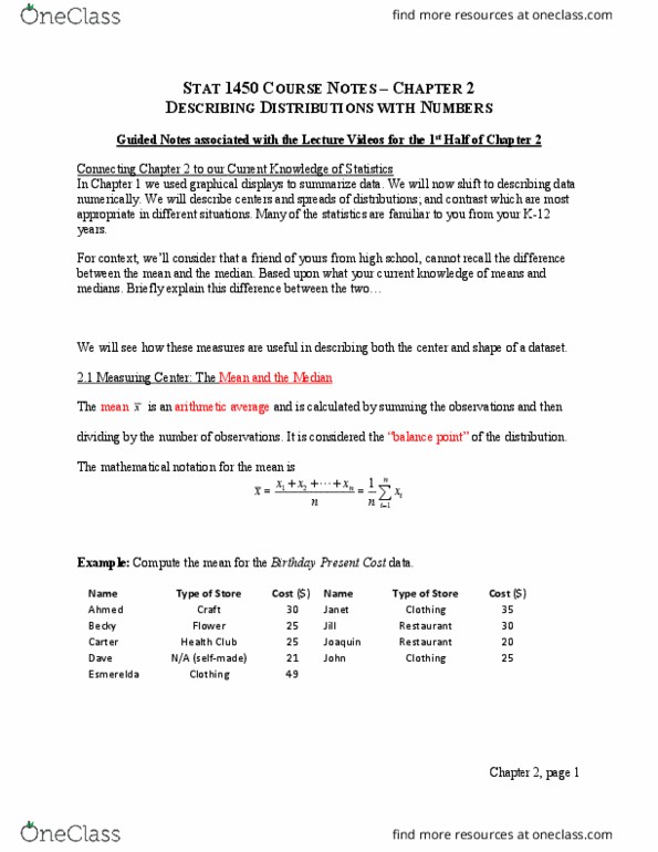 STAT 1450 Chapter Notes - Chapter 2: Quartile, Interquartile Range, Mathematical Notation thumbnail