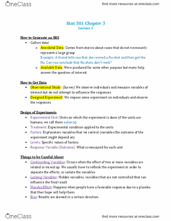 STAT 30100 Lecture Notes - Lecture 2: Influenza Vaccine, Statistical Unit, Confounding thumbnail