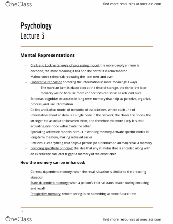 01:830:101 Lecture Notes - Lecture 3: Encoding Specificity Principle, Prospective Memory, Semantic Memory cover image