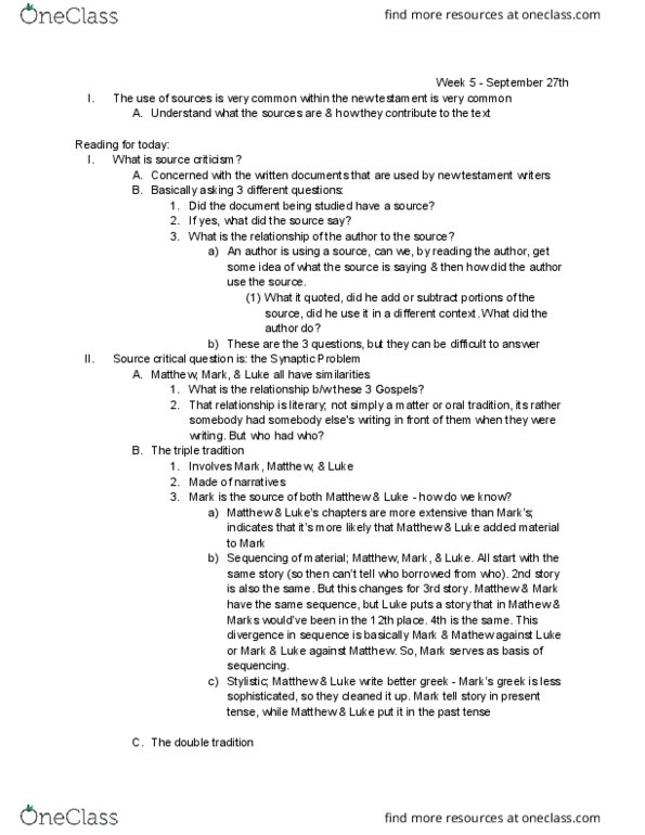 THEO 232 Lecture Notes - Lecture 9: Q Source, Synoptic Gospels thumbnail