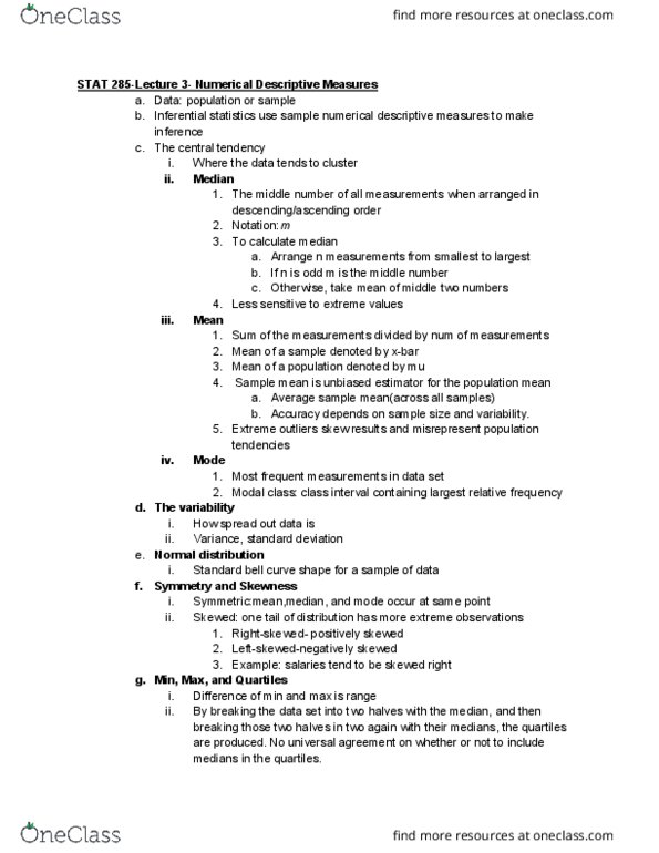 01:960:285 Lecture Notes - Lecture 3: Bias Of An Estimator, Statistical Inference, Quartile cover image