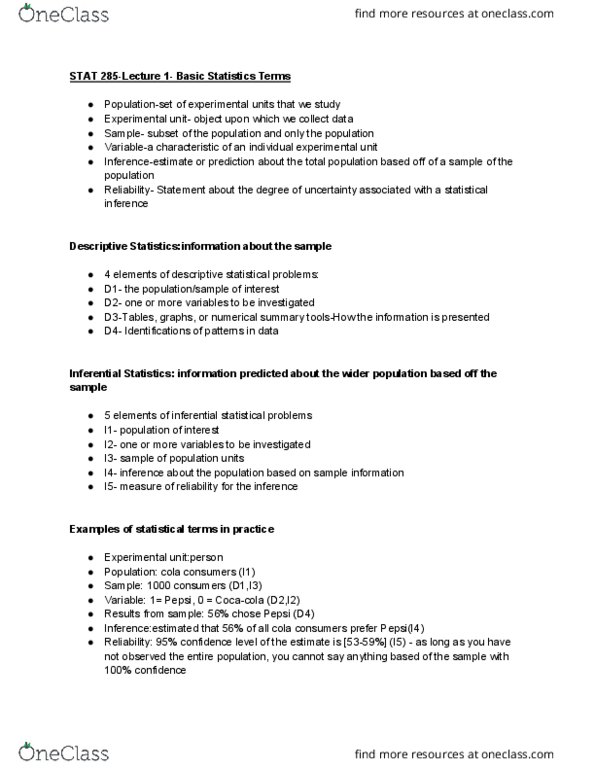 01:960:285 Lecture Notes - Lecture 1: Statistical Inference, Statistical Unit, Descriptive Statistics cover image